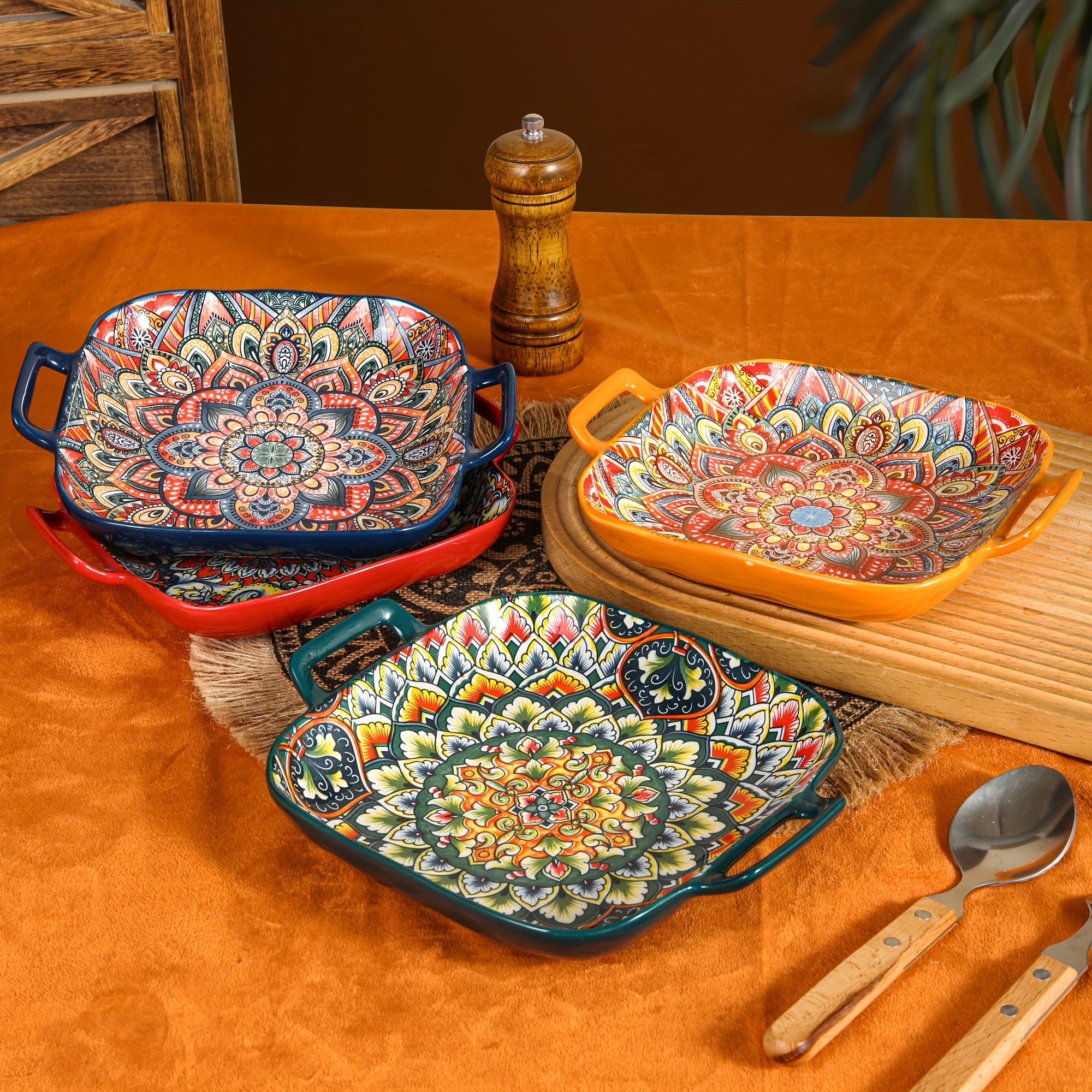 2-Piece / 4-Piece Ceramic Baking Set – 9-Inch Square Plates, Bohemian Style – Perfect for Pasta, Oven &amp; Catering – Multi-Purpose Kitchen &amp; Dining Essential
