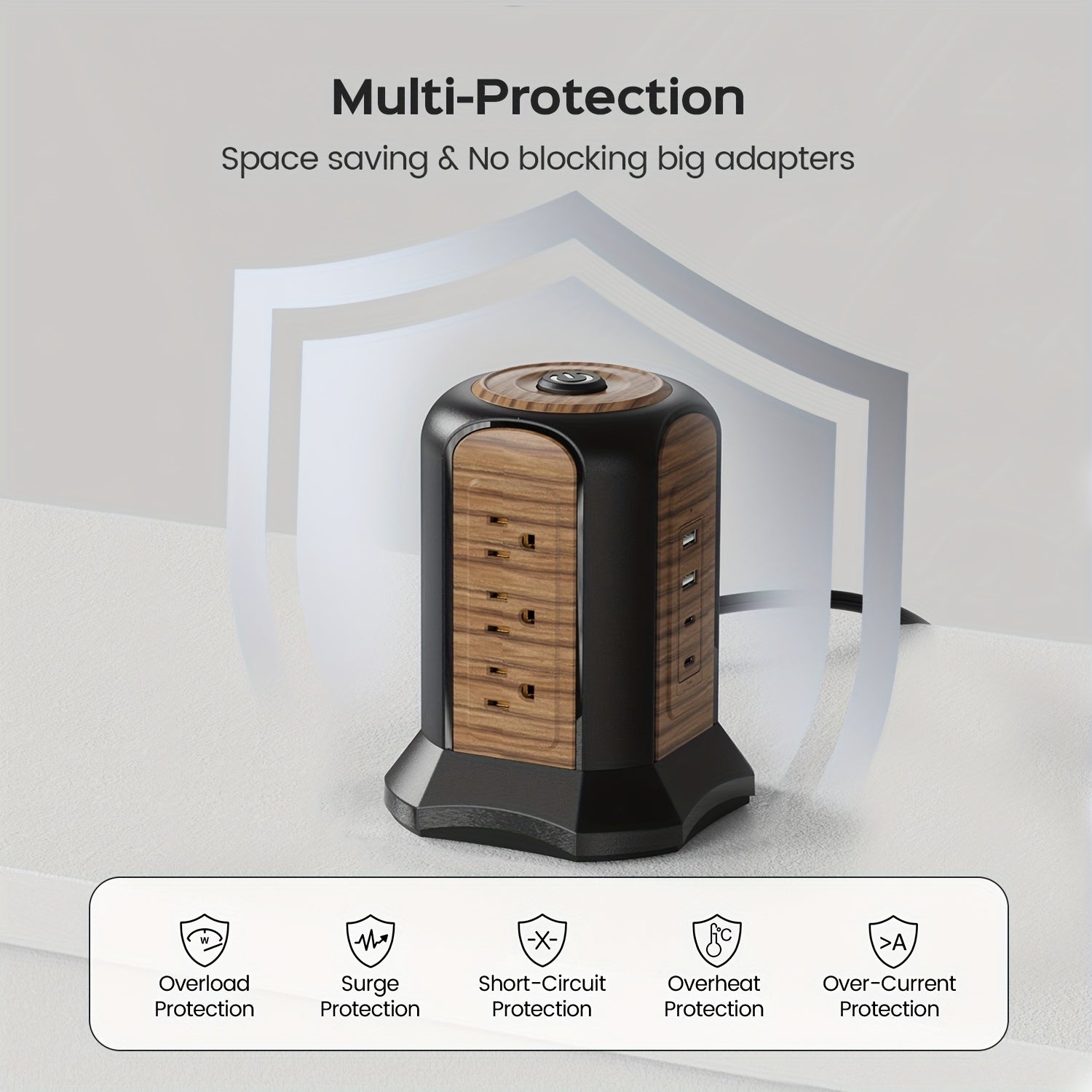 13-in-1 PD Power Strip Tower Surge Protector USB C Desktop Charging Station With 9 Widely Spaced AC Outlets 2 USB-C 2 USB-A Ports 8.8ft Heavy-Duty Extension Cord For Home Office Dorm Bedroom Kitchen Garage, Wood Grain