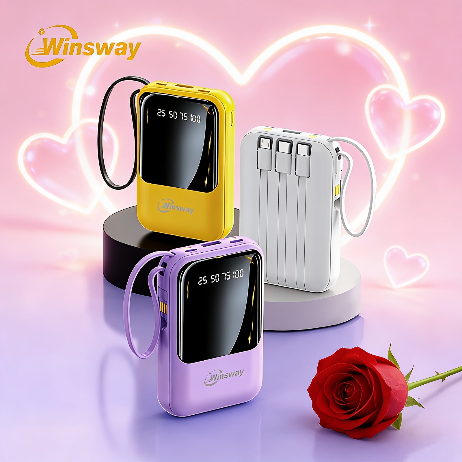 Winsway 10000mAh Portable Mobile Charger With Built-in Charging Cable, 4 Outputs And 3 Inputs, LED Smart Display/light For Android Mobile Electronic Devices, Is A Must-have Emergency Power Supply For Outdoor Camping. High-value Gift.