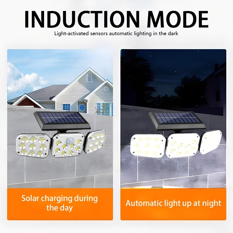 One-Piece, Equipped with 3 Rotatable LED Heads, Total 138 LED Beads, Wireless Sensor Solar Light; 270° Wide Angle Illumination, All-Round Security Outdoor Solar Spotlight, Semi-Flush Mount Plastic Wall Light, Solar Powered, No Wiring Needed