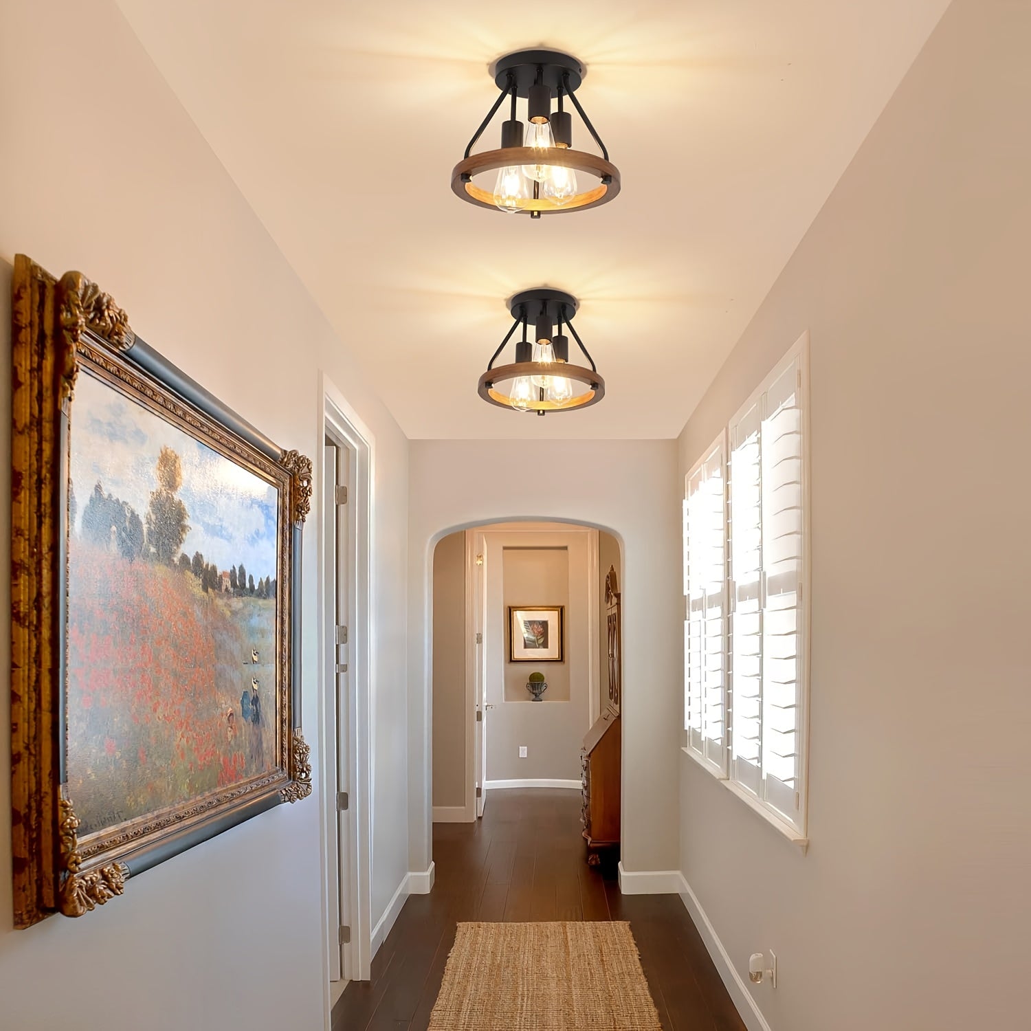 3-Light Chandelier Farmhouse Rustic Style | Semi-Flush Mount, Metal Finish, E26 Socket, Warm Glow Atmosphere Lighting, Suitable for Hallway, Bedroom and Kitchen Decor, Bulb Not Included, Modern Farmhouse Light Fixture