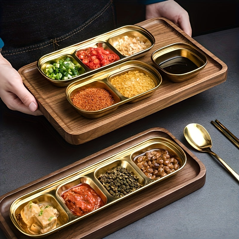 1Pc Golden Compartment Stainless Steel Sauce Plate, Dinner Plate, Salt Vinegar Sugar Seasoning Dipping Bowl
