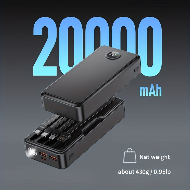 20000mAh Power Bank with 4 Built-in Cables, Travel Essential Portable Charger, 22.5W Fast Charging Battery Charger, USB-C Input/Output, 6 Output 2 Input Cell Phone Battery Pack, Smart Display Strong Light Travel Battery Pack for iPhone 16/15/14/13