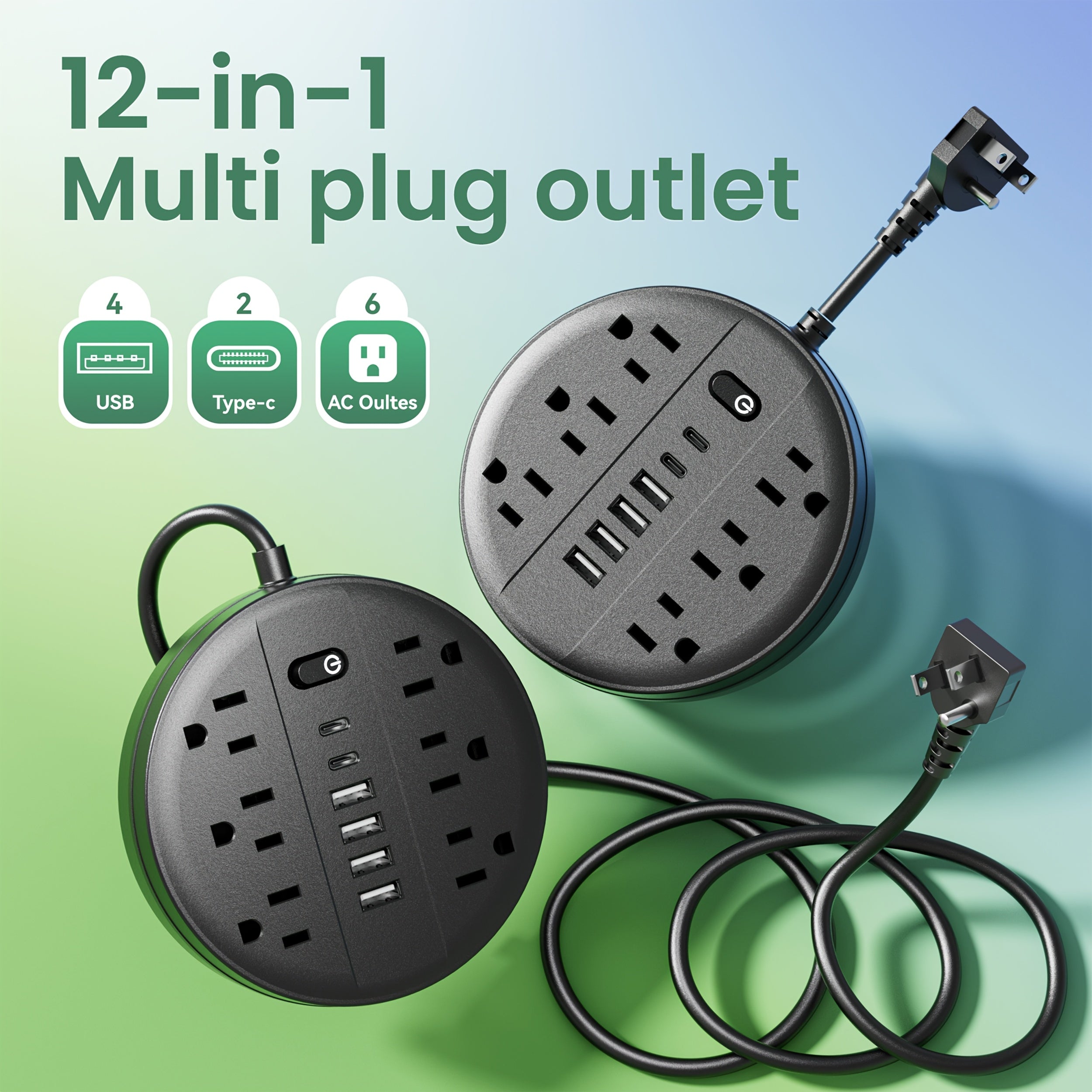 1pc 12-in-1 Multi-functional Power Socket With Surge Protector, 6 AC Outlets, 4 USB Outlets And 2 Type-c Ports. Wall-mountable Power Extension. Portable And Compact Design. Suitable For Home, Office And School. In White And Black.