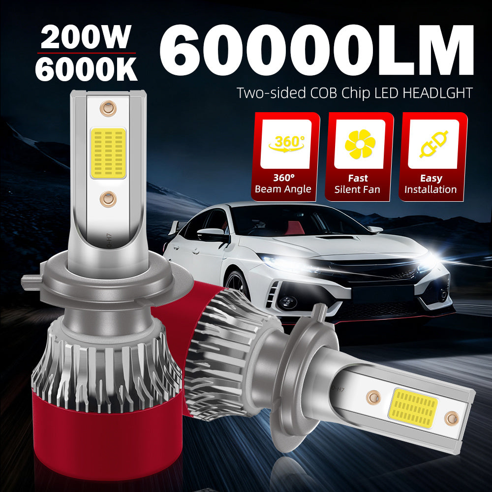 2-Pack LED Car Headlights 200W 6000K Color Temperature 60000 Lumens H1 H7 H11 9005 9006 H4 9007 H13 Double-Sided COB Chip LED Bulbs with Cooling Fan, Durable, Enhanced Lighting, Plug-and-Play, Fits Most Car Models