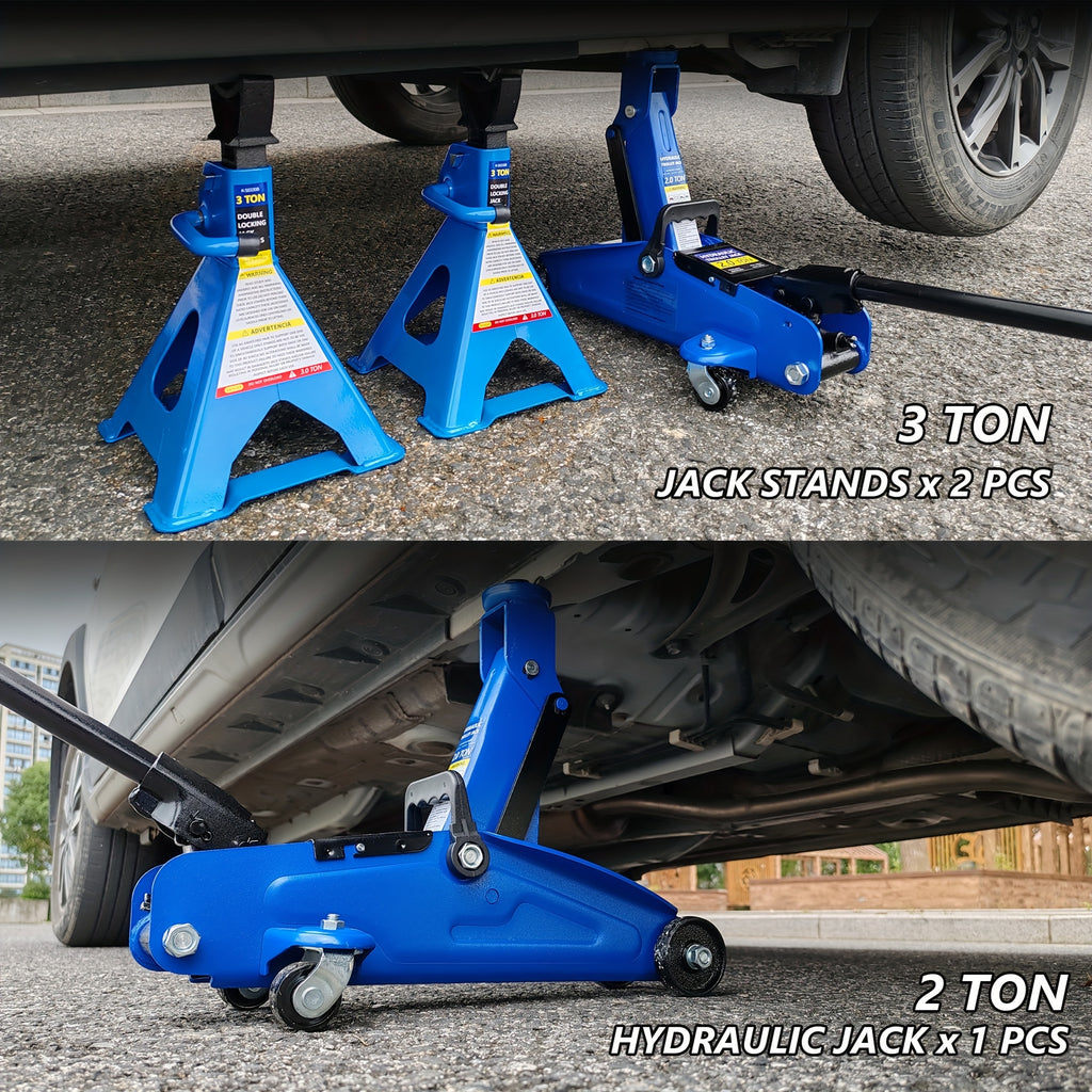 2/2.5/3 Ton Capacity Low-Profile Garage Hydraulic Jack Combo Kit, Optional: 2 Ratchet-Type 3-Ton Jack Stands, Tire Repair Tool Kit, 14-Inch Lug Wrench, Wheel Chocks for SUV/Sedan/Truck