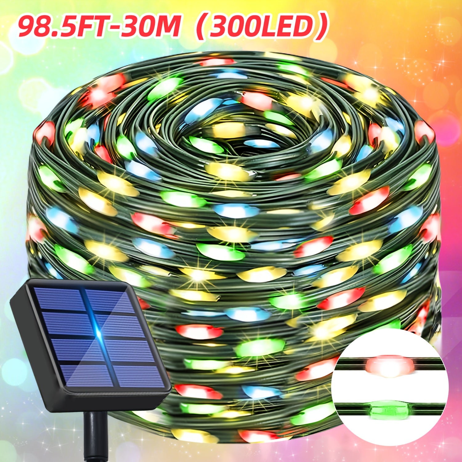 300/200/100LED圣诞仙女串灯 30/20/10M 太阳能供电室外灯带，具有8种灯光模式，自动开/关，适用于花园、庭院、栅栏、生日派对、圣诞节装饰（IPX4）