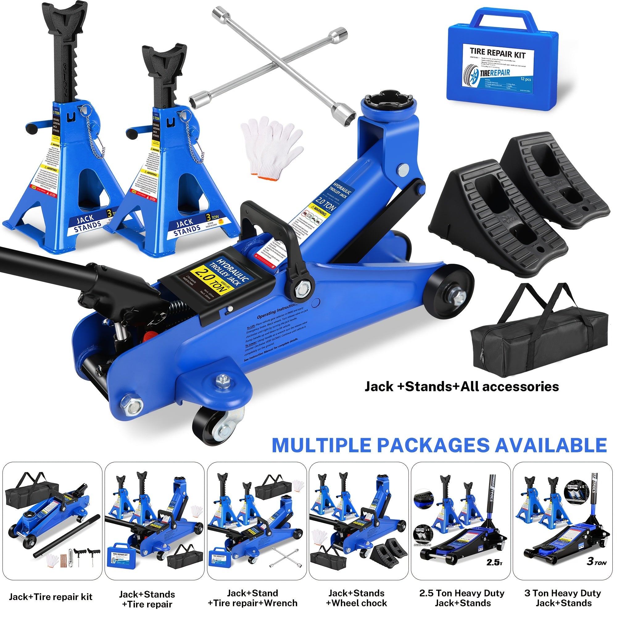 2/2.5/3 Ton Capacity Low-Profile Garage Hydraulic Jack Combo Kit, Optional: 2 Ratchet-Type 3-Ton Jack Stands, Tire Repair Tool Kit, 14-Inch Lug Wrench, Wheel Chocks for SUV/Sedan/Truck
