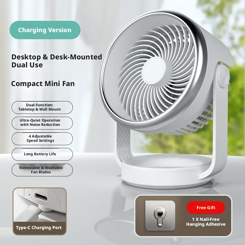 Portable USB Rechargeable Fan with LED Light, Desktop & Wall Mount Dual Use, 4 Speed High Airflow, Ultra Quiet Operation, Perfect for Home Office Bedroom Dormitory, Ideal Summer Gift