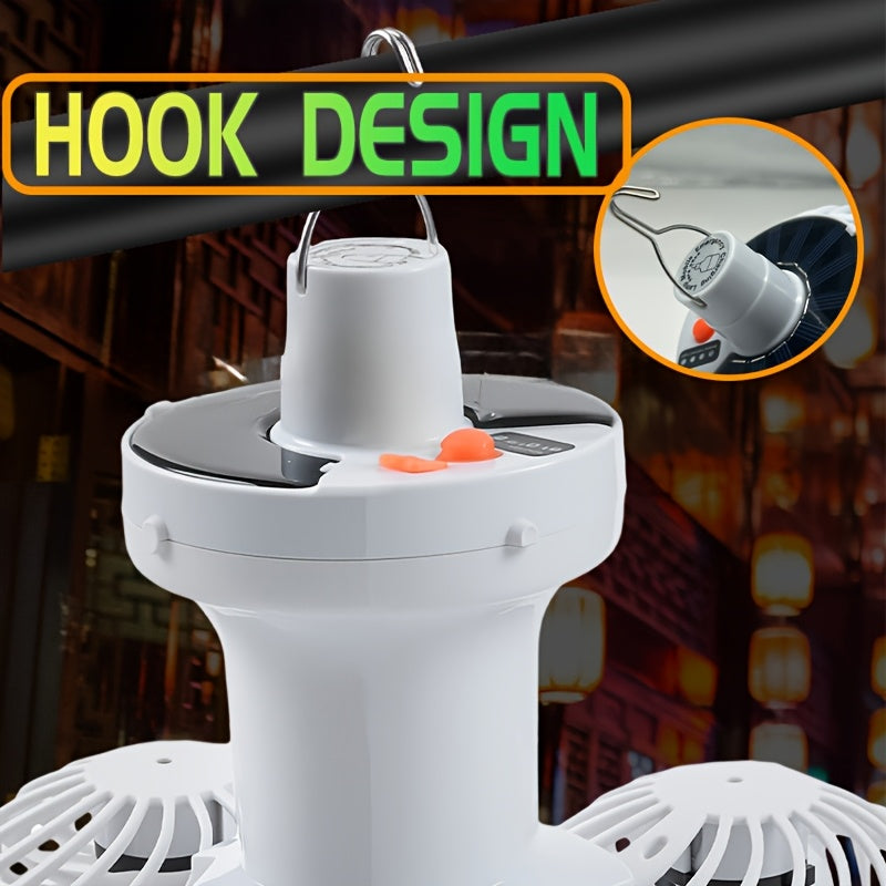 1Pc Solar & USB Rechargeable Tent Light, Portable LED Fan Light, 3 Modes Outdoor Camping Lantern, Emergency Work Light with Hook, Power Indicator, Foldable Emergency Flashlight, Ideal for Fishing, Hiking, BBQ and Outdoor Lighting