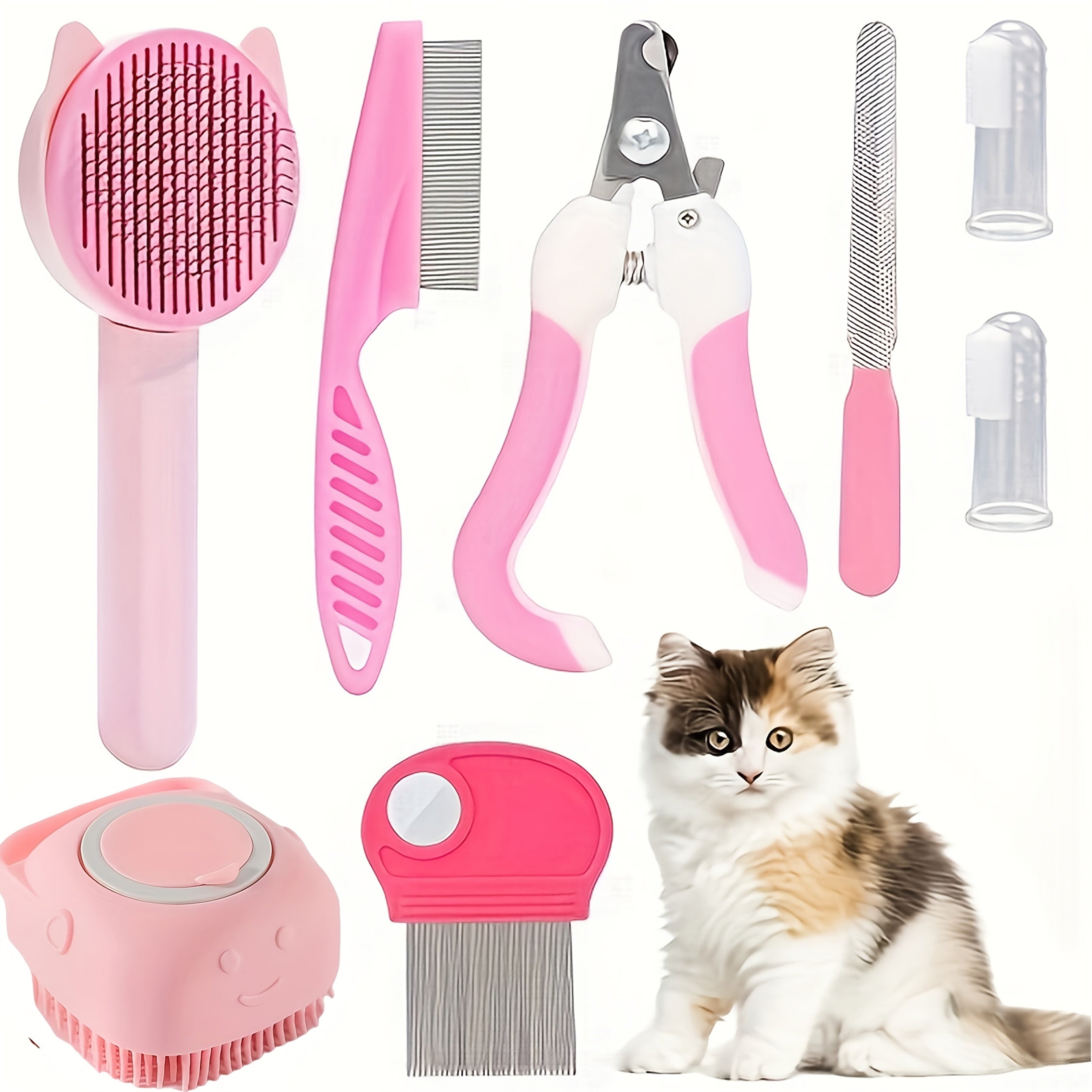 8pcs 猫刷美容套装、带宠物指甲刀和锉刀的宠物清洁套装、跳蚤梳、宠物洗发水刷、宠物脱毛刷和硅胶牙刷
