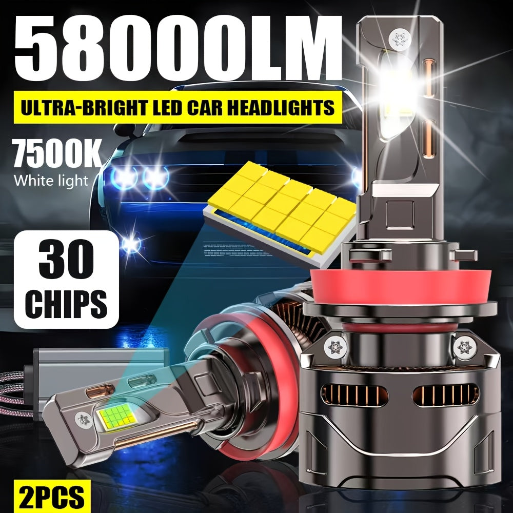 2-Pack, H4/9003/HB2 H7/H18 9005/HB3 9006/HB4 H11 H1 9012/HIR2 Headlight LED Car Headlights, Super Bright, Canbus External Driver, High Lumen Bulbs 58000LM, Lifespan Up to 60,000 Hours, Fast Cooling Fan, QY030, No Battery Included