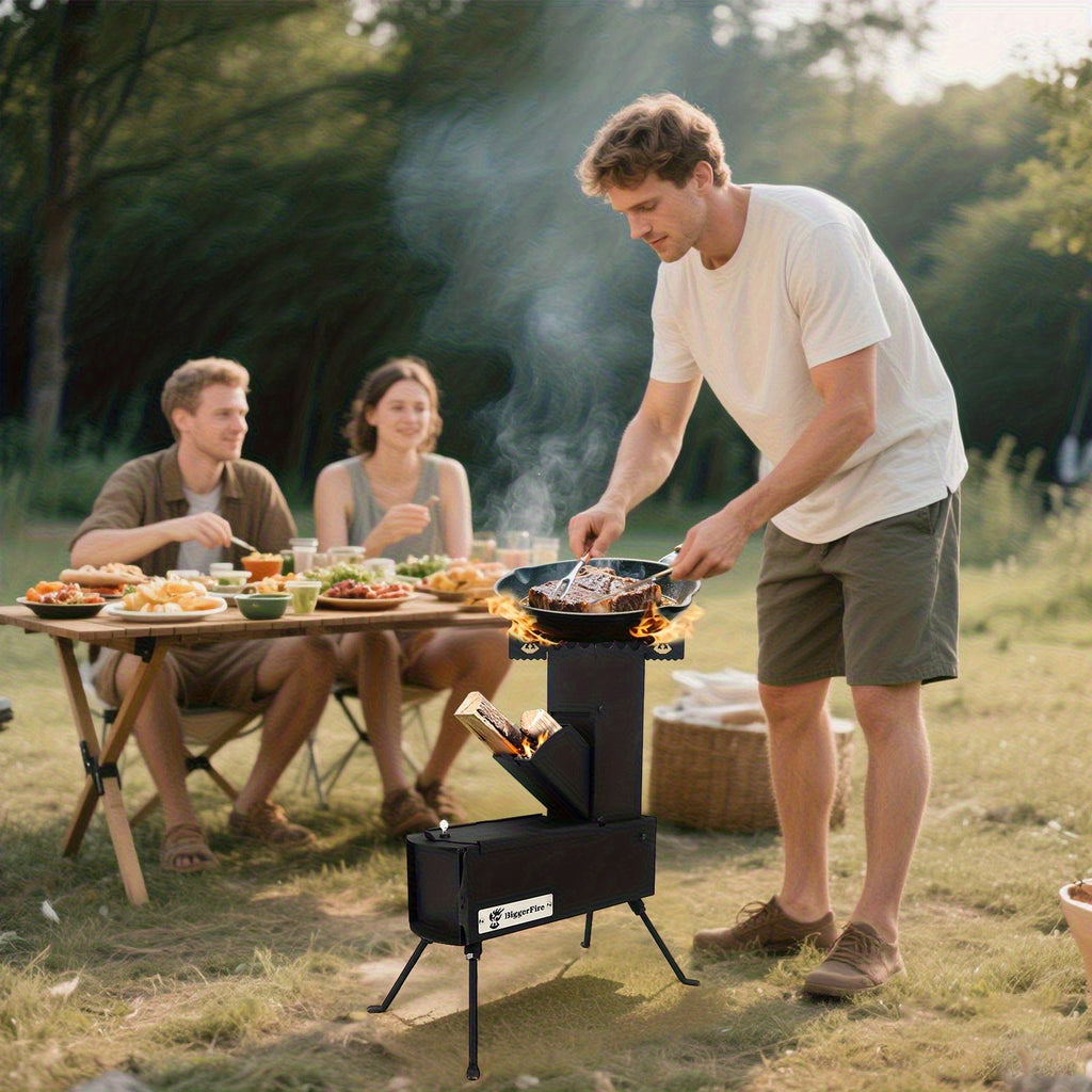 Portable Folding Wood Stove, Designed for Outdoor Cooking, Picnic, BBQ, Hunting & Fishing, Cast Steel Construction with Carrying Bag