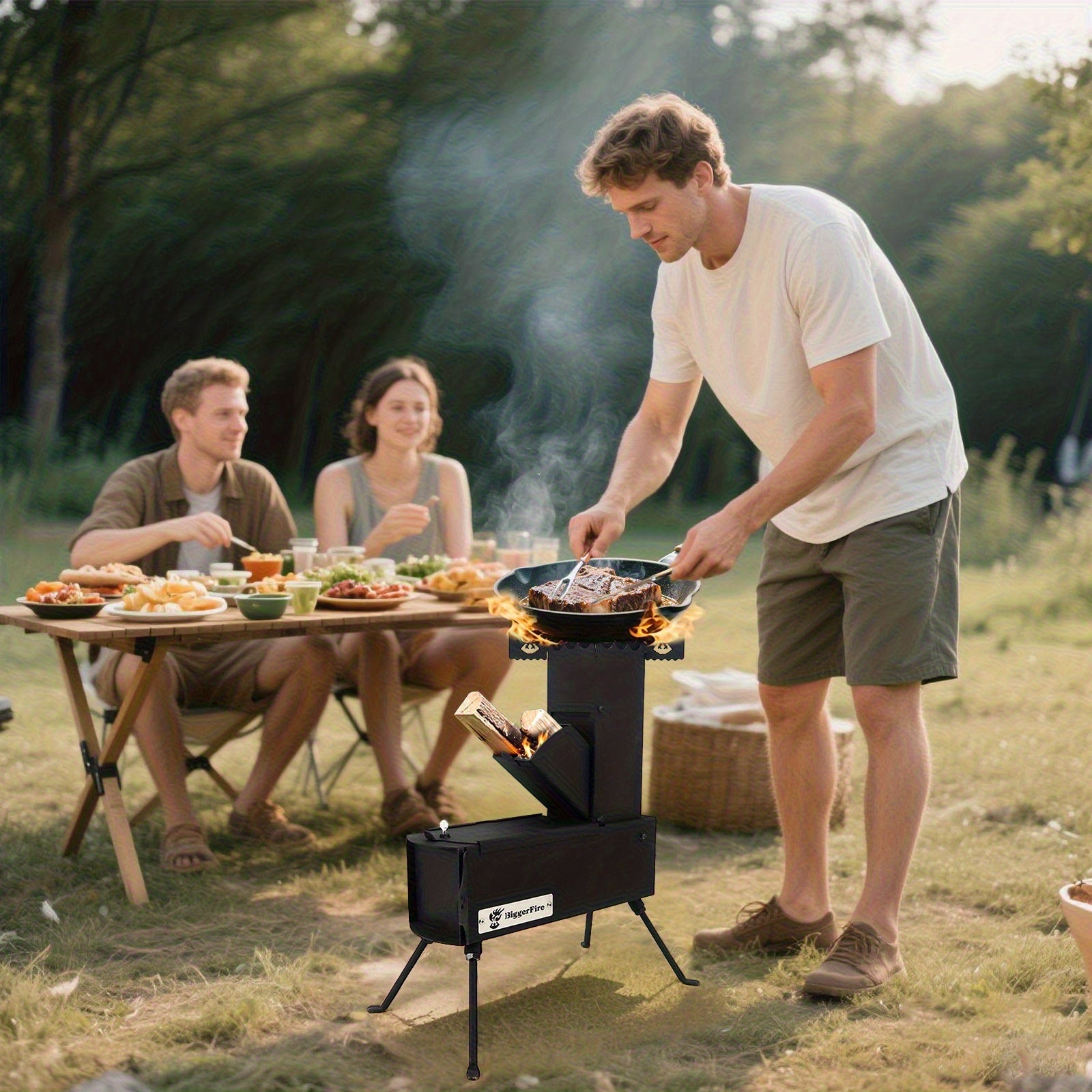 Portable Folding Wood Stove, Designed for Outdoor Cooking, Picnic, BBQ, Hunting & Fishing, Cast Steel Construction with Carrying Bag