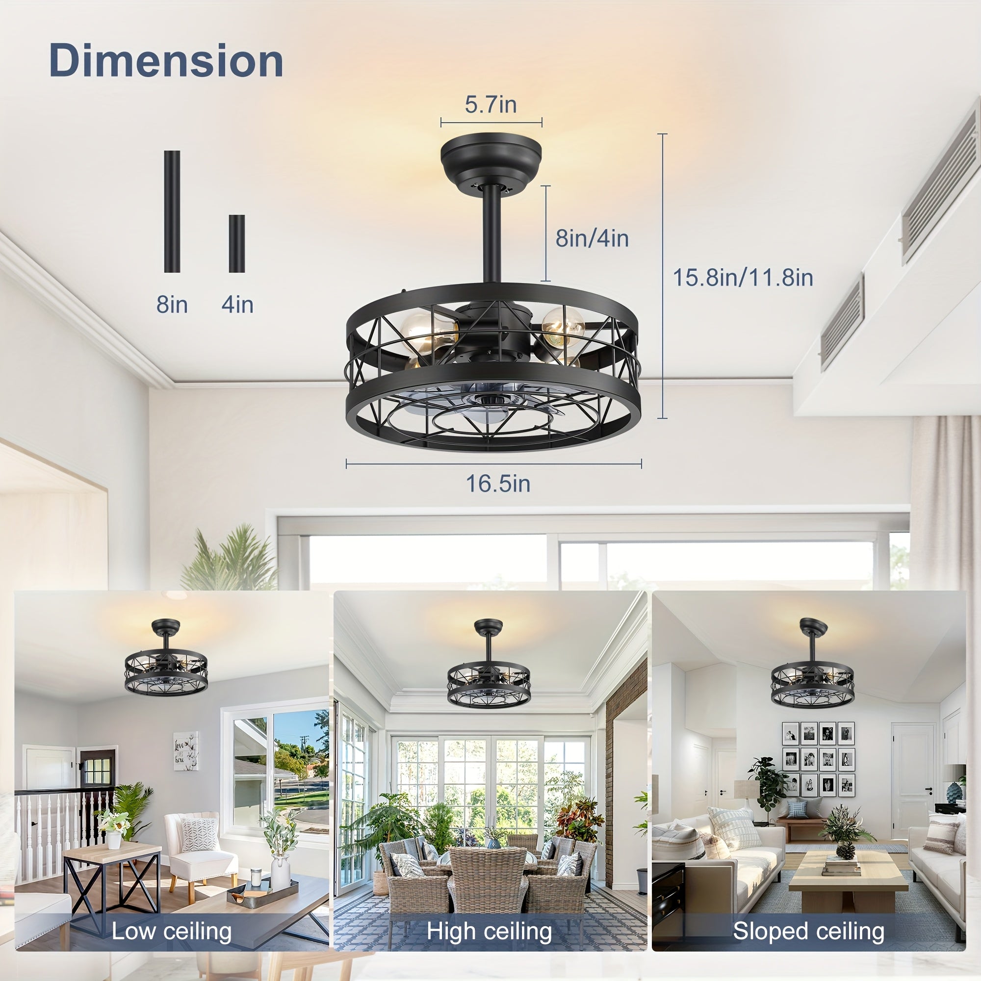 Caged Ceiling Fan with Light, 16.5In Farmhouse Enclosed Ceiling Fan, Remote Control, 6Speed, Black Industrial Ceiling Fan Light, Rural Farmhouse Ceiling Fan Light, for Indoor Bedroom Kitchen Dining Room