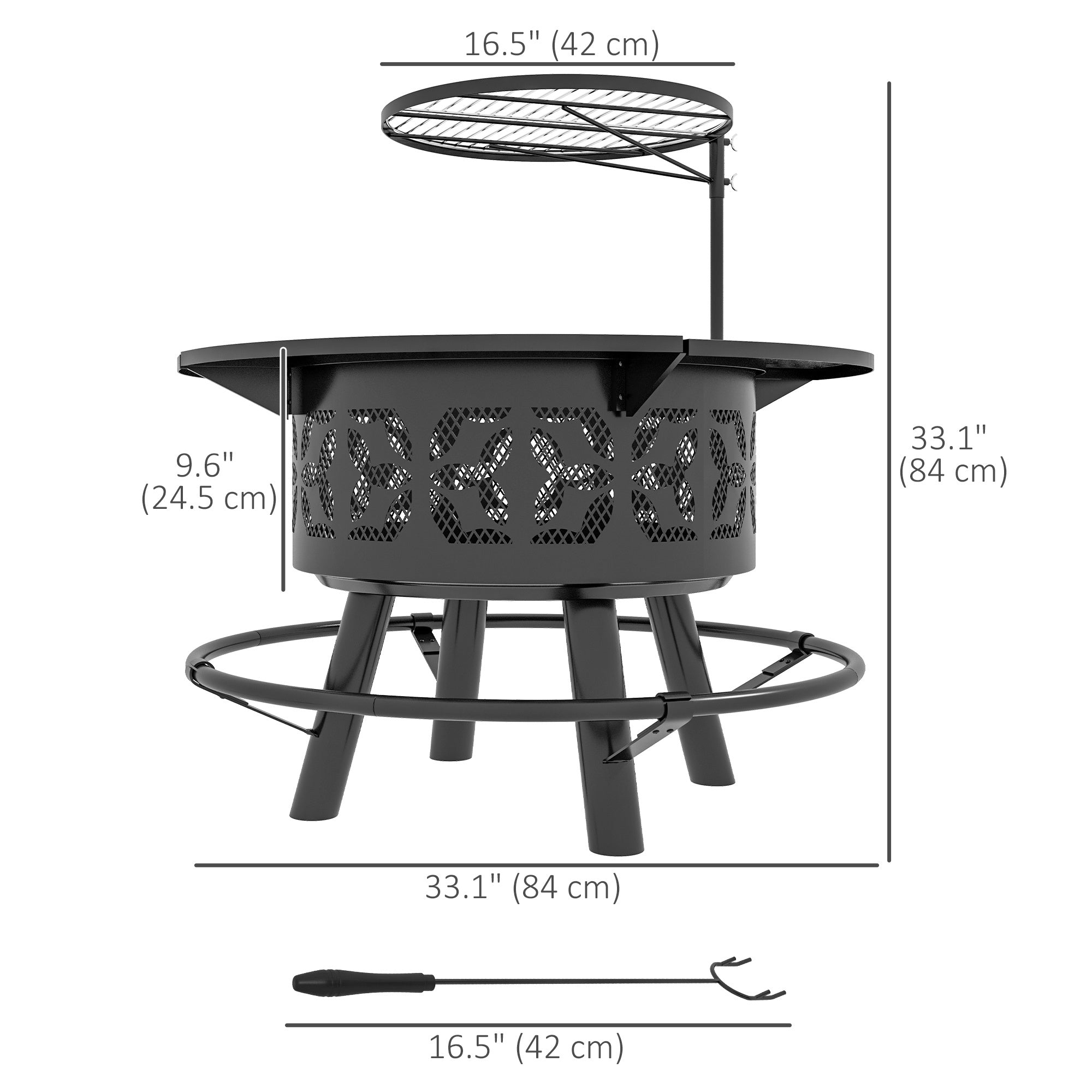2-in-1 Fire Pit & Charcoal BBQ Grill, 33-Inch Portable Wood Burning Fire Pit with Adjustable Cooking Grate, Pan & Poker, Camping Bonfire Stove, Black