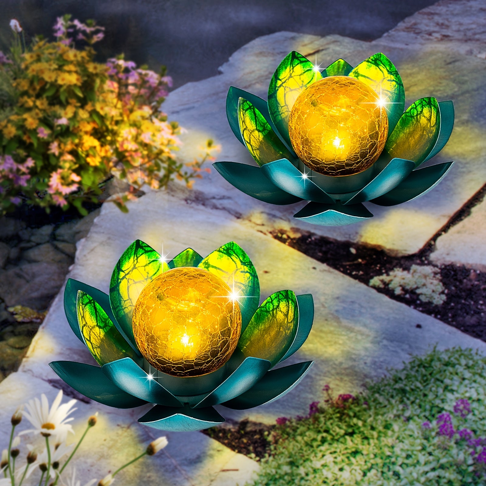 2 Pack Outdoor Solar Pink Lotus Light, Wrought Iron Garden Decoration, LED Light with Cracked Glass Ball, IPX4 Waterproof Rating, Perfect for Patio, Lawn, Terrace, Tabletop, Gift for Mom