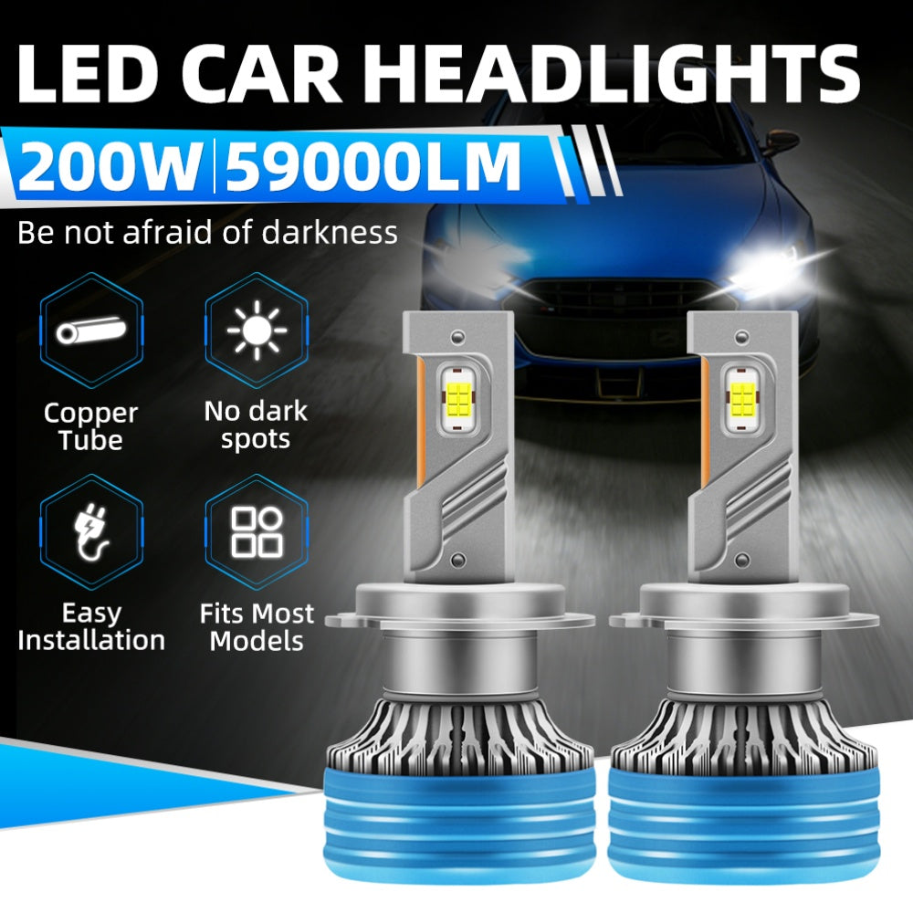 2 Pcs LED Car Headlights 200W 59000LM Super Bright White Turbo Fan Copper Tube No Black Spots Plug-and-Play Easy Installation 300m Lighting Range Fits Most Car Models, No Battery Included