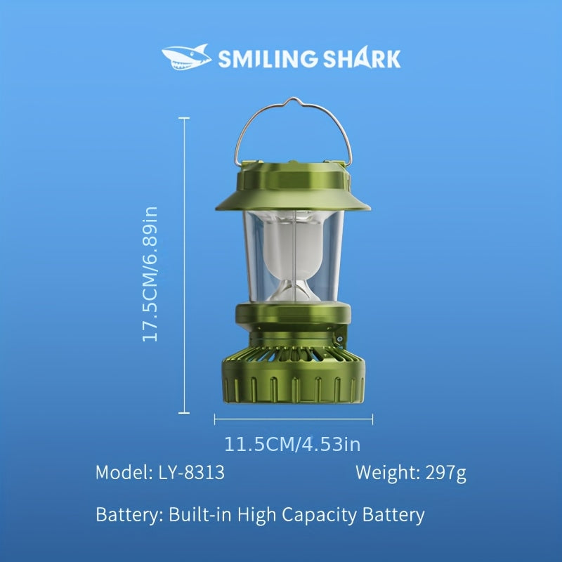 1 Smiling Shark Rechargeable Fan Light - Type-C Solar Charging, 5 Modes LED Flashlight & Cooling Fan, Built-in Lithium Battery, Portable Camping Lantern, Ideal for Tent, Outdoor, Hiking, Emergency (Power Supply)