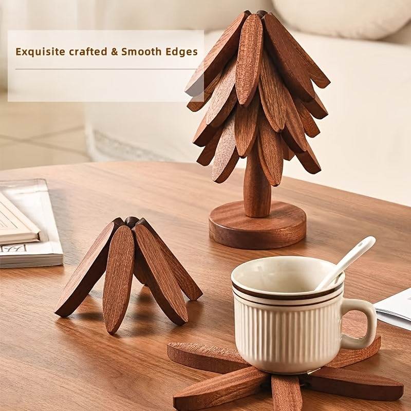 Natural Foldable Black Walnut Wood Trivet Set – 4 Trivets + 1 Base for Hot Dishes, Pots, Bowls, Teapots – Heat-Resistant (Black Walnut)