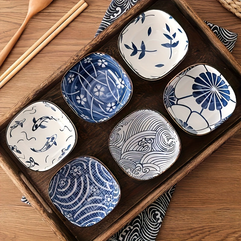6-Piece Japanese Vintage Ceramic Small Plates – Sauce Dish, Snack Plate, Nine-Grid Hot Pot Home Seasoning Dish – Perfect for Home Kitchen, Western Restaurant Parties & Other Uses