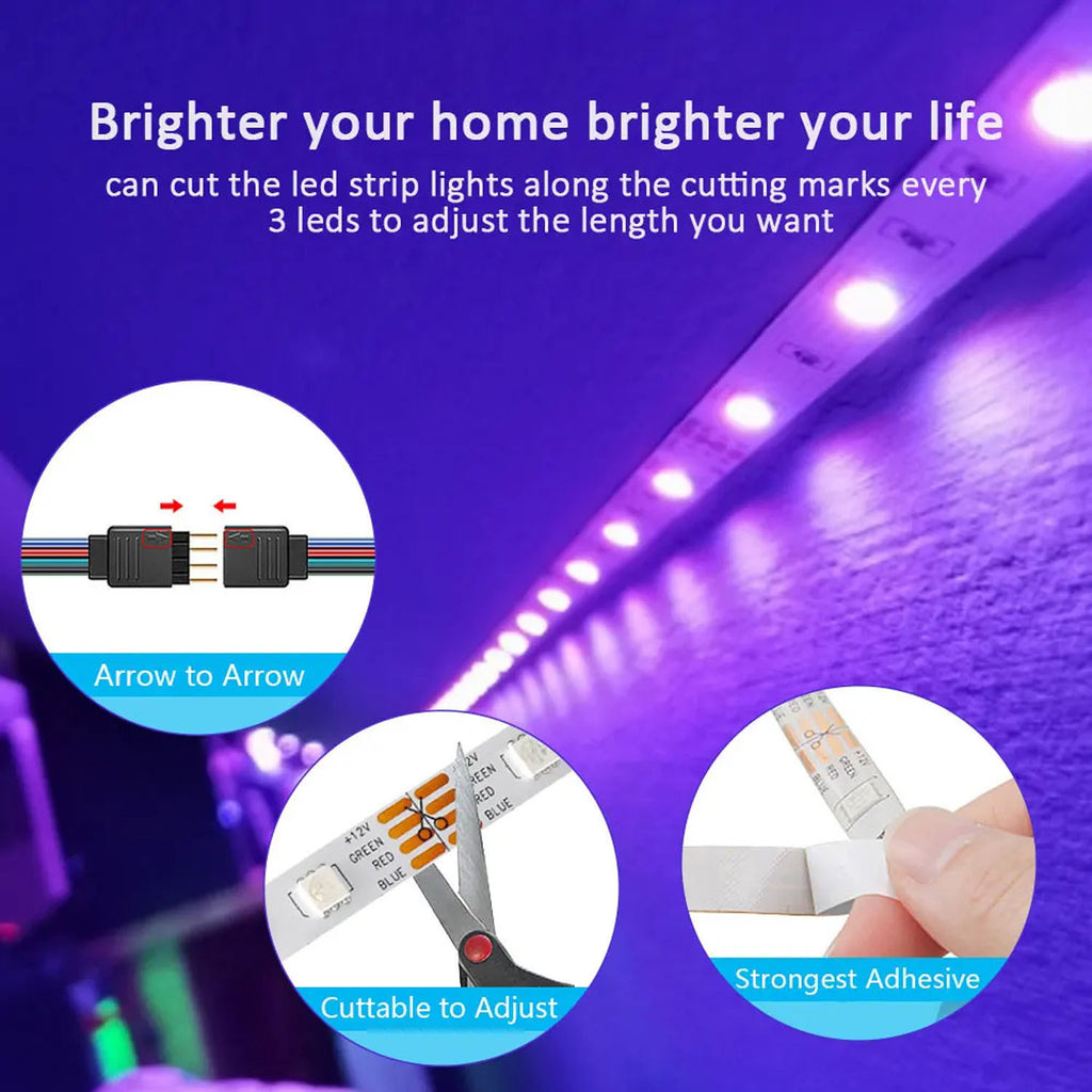 USB RGB LED灯带，配备三键遥控器，3535变色柔性灯带，可调亮度与多种模式，可裁剪式橱柜下照明灯，适用于客厅、舞蹈室及节日装饰