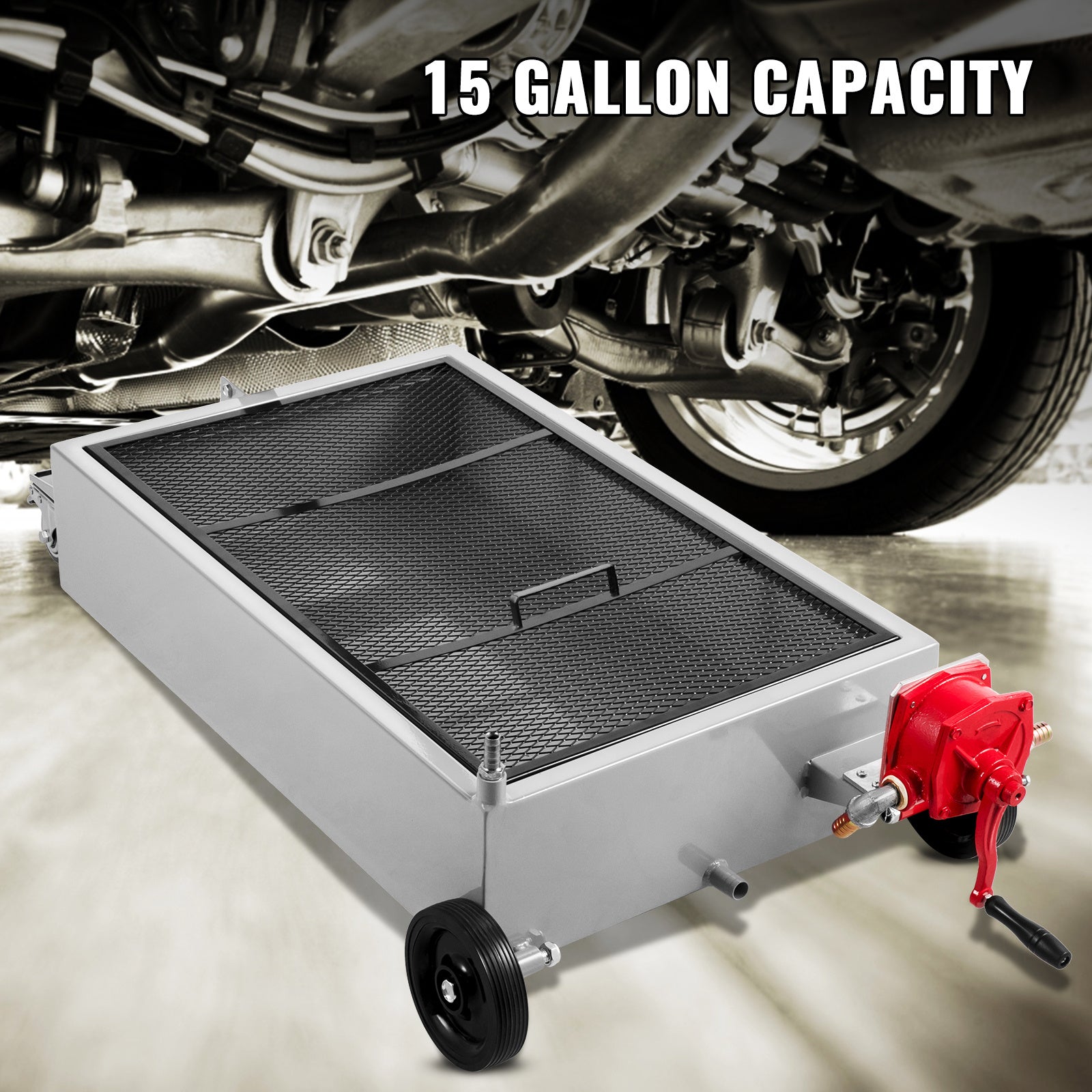 VEVOR 15 Gallon Oil Drain Pan, 57 Liter Low Profile Drain Tank, Large Capacity Oil Change Pan, with Folding Handle, Oil Pump, Hose and Swivel Casters, Suitable for Oil Change in Sedans, SUVs, Trucks