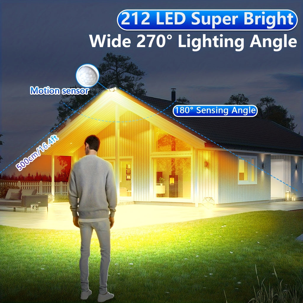 1/2 Pack Outdoor Solar Light, Motion Sensor Light, Porch and Garden Light with 212 LEDs, Exterior Wall Light with Remote Control, IP65 Waterproof Rating, 3-Head Security Floodlight, 270° Wide Angle, 3 Modes, Perfect for Courtyard, Pathway
