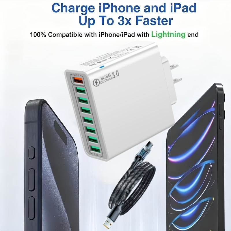8-Port USB Charger with Quick Charge Fast Charging US Plug, 3-Phase AC Charging for Mobile Phones, Tablets, And Smartphones. Compact Design, Efficient Charger for Devices, Modern Charging Technology, Versatile Wall Charger
