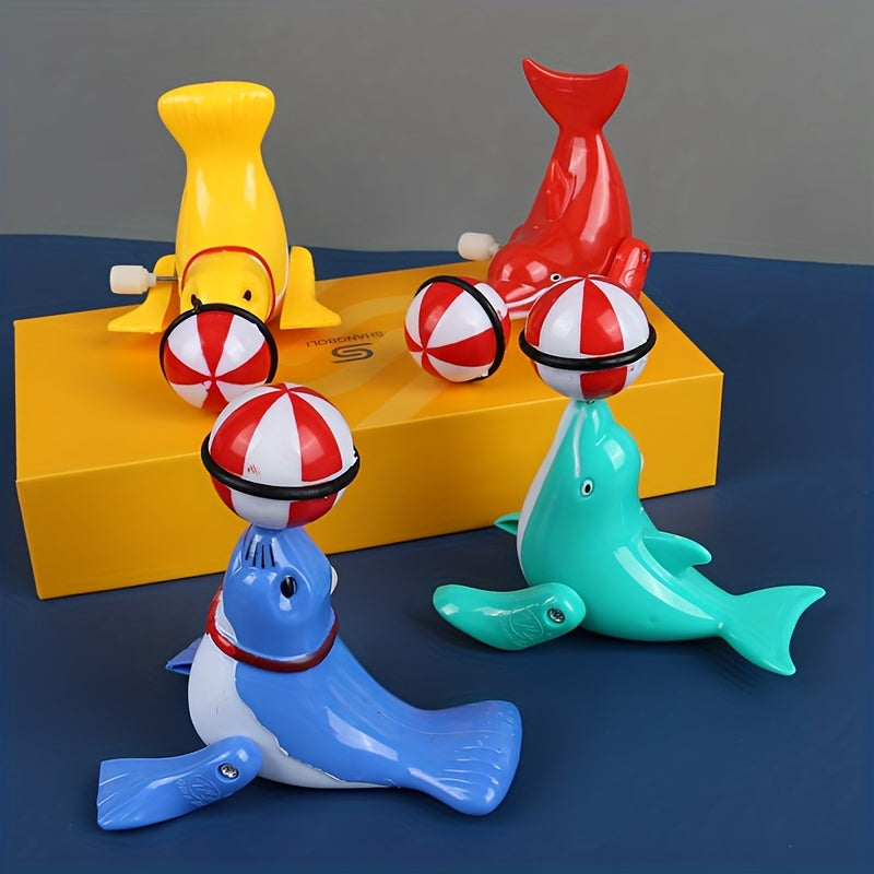 2pcs 杂技顶球海狮玩具，上链发条小海狮顶球玩具，海狮顶球玩具，儿童上弦会跑360度旋转礼物玩具