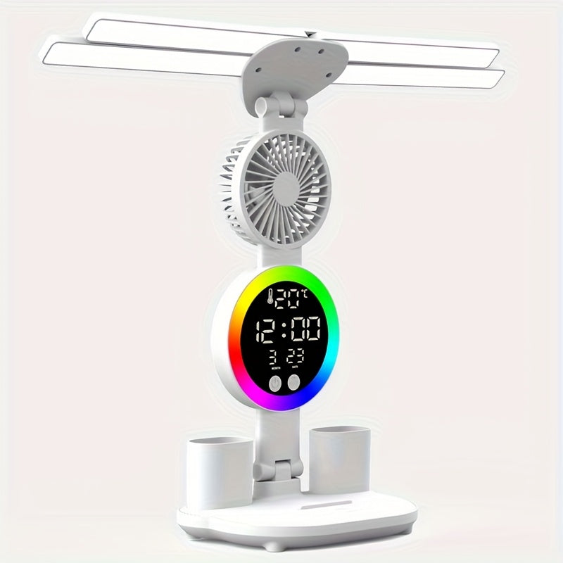 Smart Desk Lamp with 4 Light Poles, Built-in Fan Pen Holder Time Display, USB Powered Touch Control, 4-Head Adjustable Lighting, Time & Temperature Display Color Changing, Eye Protection Design, Ideal for Home Office Dorm Study, Perfect Gift