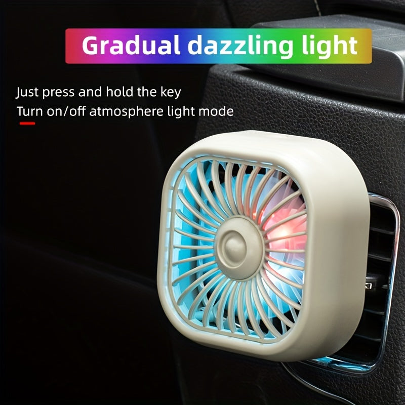 Portable Car Air Vent Fan, USB Powered Mini Fan with Gradient RGB Atmosphere Light, Universal Car Cooling Fan for Front/Rear Vents