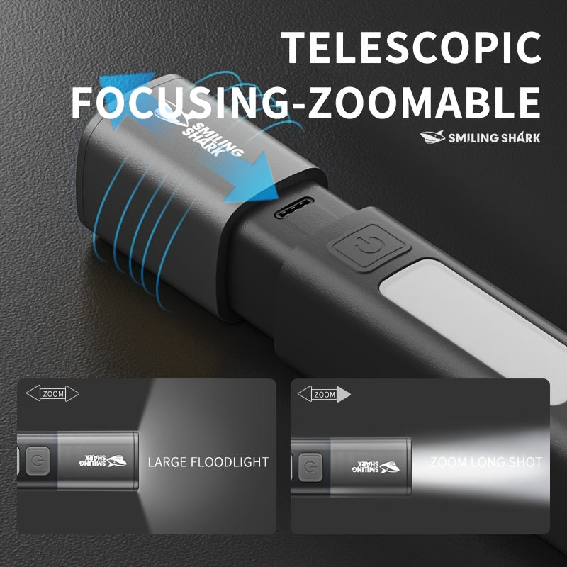 SMILING SHARK SD1023 Portable Flashlight, XPE Super Bright Spotlight - Zoomable COB Side Light, 3 Modes, Type-C Rechargeable, with Hook & Colorful Design, Ideal for Outdoor Camping, Hiking, Adventures & Home Gifts