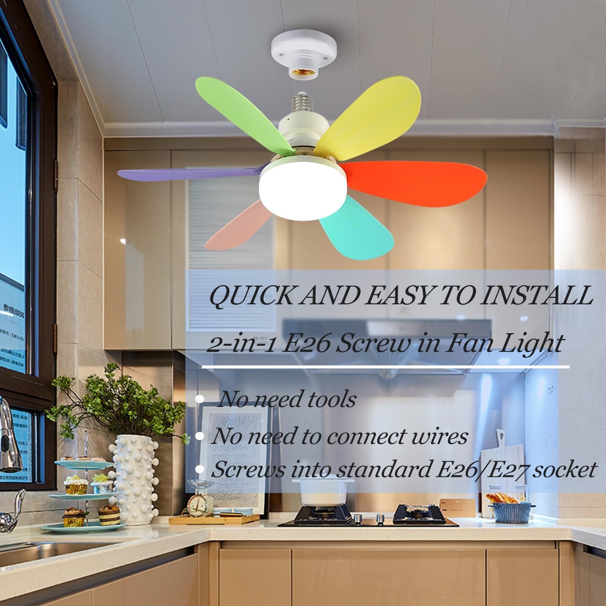 20.5 Inch Smart Ceiling Fan Light with Remote Control, LED Lighting, 3-Speed Low Noise Airflow, 3 Color Temperatures 3000K-6500K, E26/E27 Base Fan Light, Tool-Free Installation & Timing Function, Ideal for Bedroom