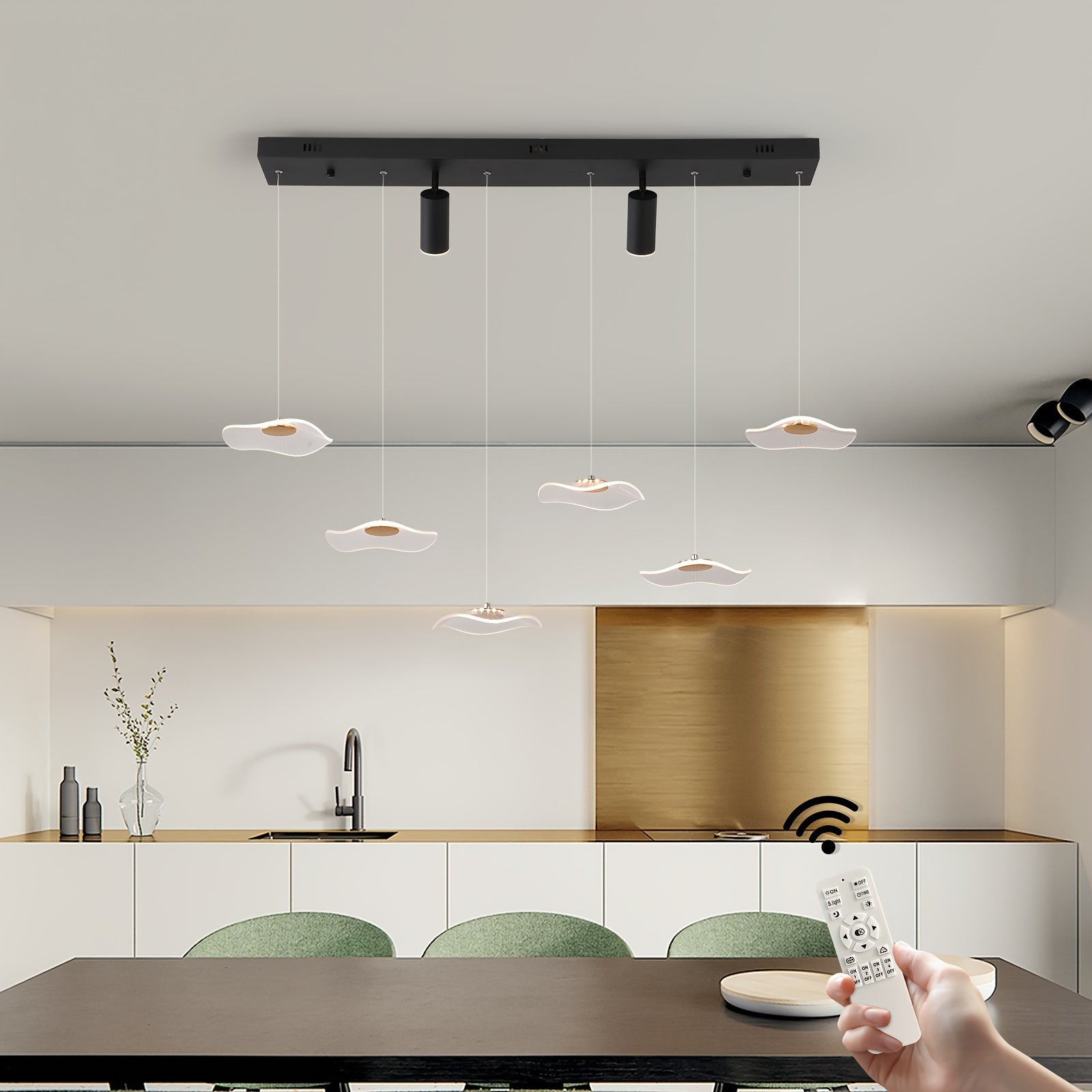 Enkerr modern style 6-head dimmable LED pendant light, with remote control, adjustable color temperature (3000K-6000K) and brightness, infrared remote control, memory function, large ceiling light suitable for kitchen island