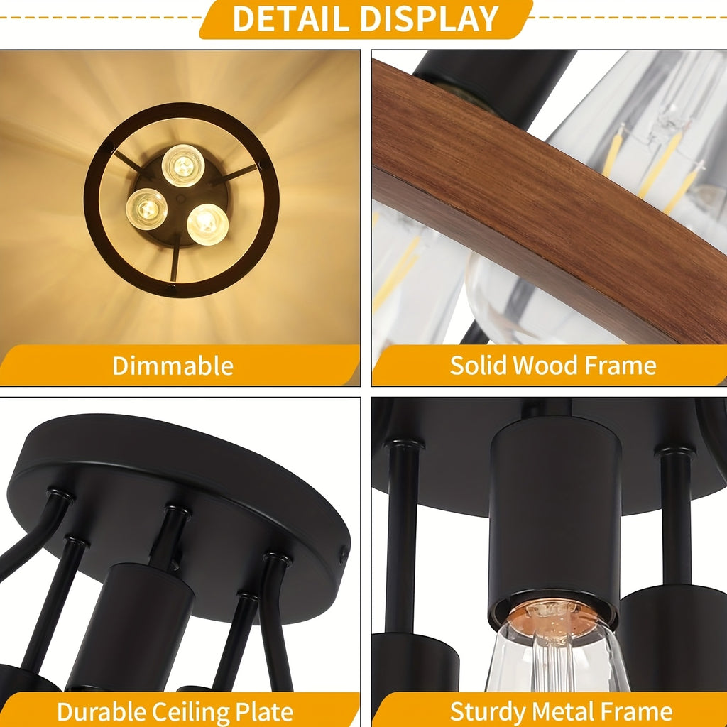 [Christmas Decorative Chandelier] Rustic Style 3-Light Pendant Light - Semi-Flush Mount Installation, Suitable for Hallway, Bedroom and Kitchen Decor, Modern Farmhouse Style Light Fixture, Living Room Chandelier (Bulb Not Included)
