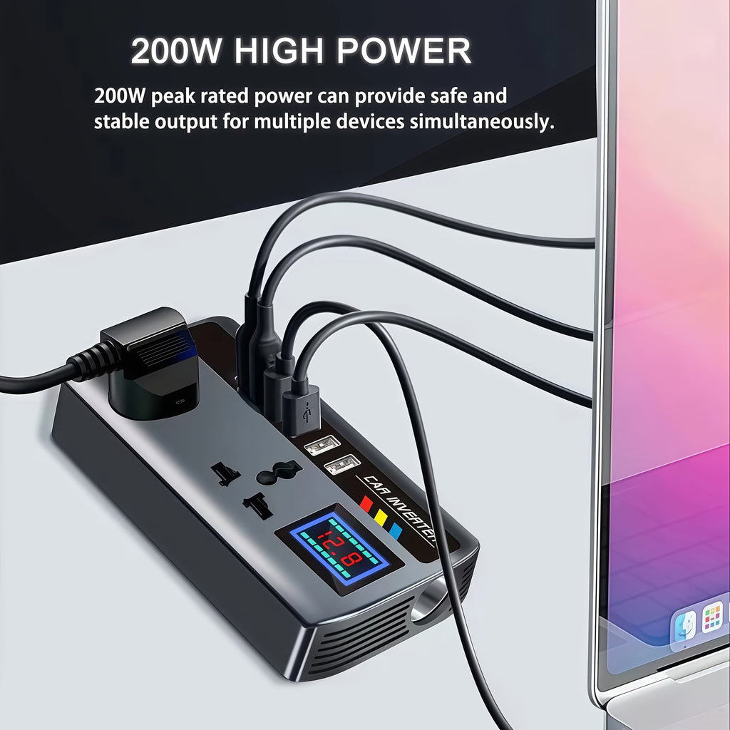 200W车载电压转换器逆变器，从DC 12V/24V到AC 220V，双通用插座+6个USB端口，数字电压显示，智能快速充电和大功率变压器-适用于汽车、卡车和SUV