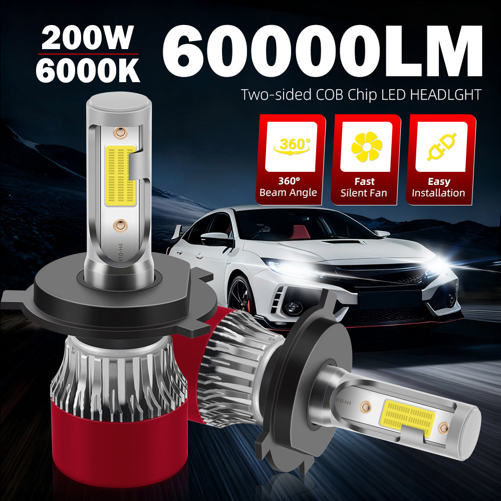 2-Pack LED Car Headlights 200W 6000K Color Temperature 60000 Lumens H1 H7 H11 9005 9006 H4 9007 H13 Double-Sided COB Chip LED Bulbs with Cooling Fan, Durable, Enhanced Lighting, Plug-and-Play, Fits Most Car Models
