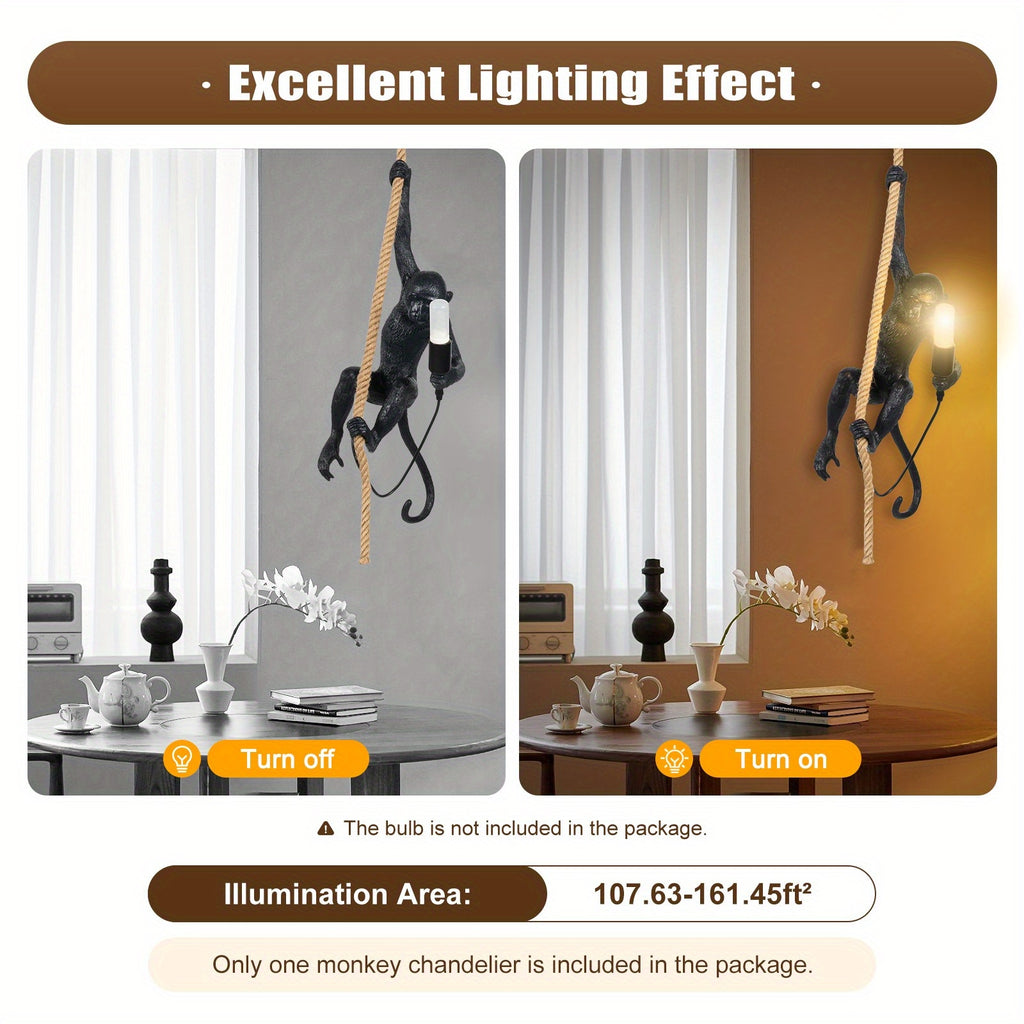 Lightweight Hanging Decor, Monkey Pendant Light, Vintage Resin Monkey-Shaped Pendant Light, Creative Jute Rope Hanging Fixture, Suitable for Dining Room, Living Room, Bar, Cafe