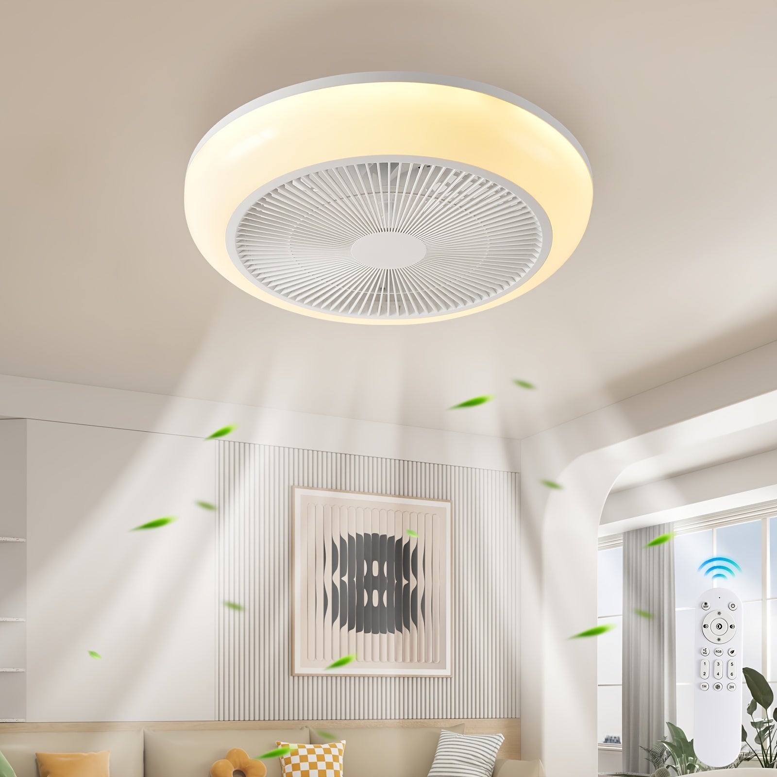 Low Profile Bladeless Ceiling Fan with LED Light Kit, Recessed Mount with Remote Control and Timer Function, 3000K-6000K Adjustable Color Temperature