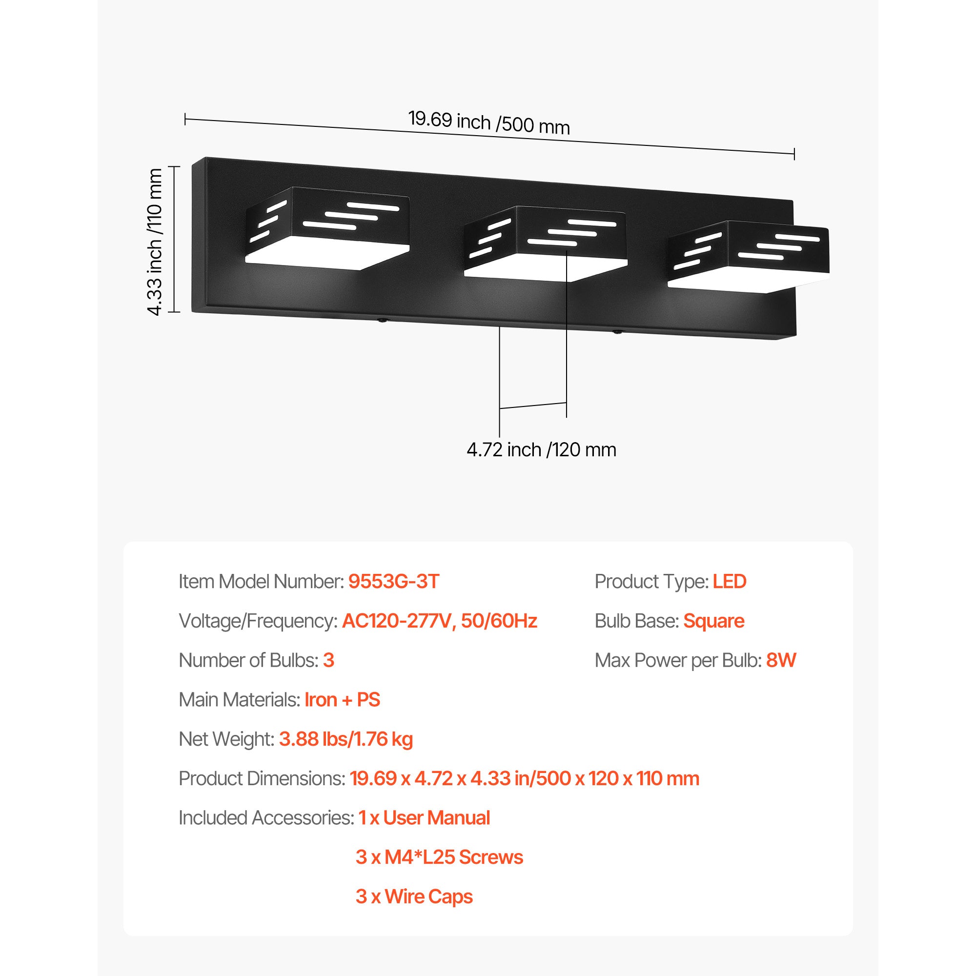 VEVOR 3/4/5/6-Light LED Modern Bathroom Wall Lamp 19.69/25.6/33.5/40.2-Inch Wall Light