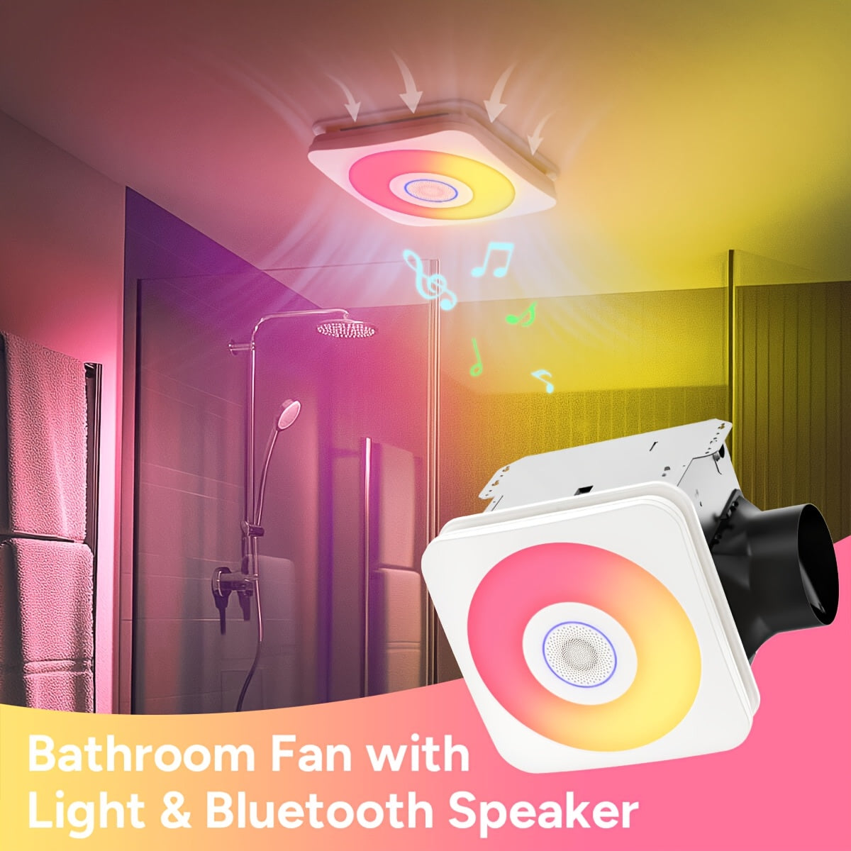Modern Smart Bathroom Fan with Wireless Speaker & Remote Control - Ultra Quiet Dual Speed 110/160 CFM, 1500LM 3-Color Dimmable LED Light (2700K/4000K/6500K), Music Sync RGB Ambient Light