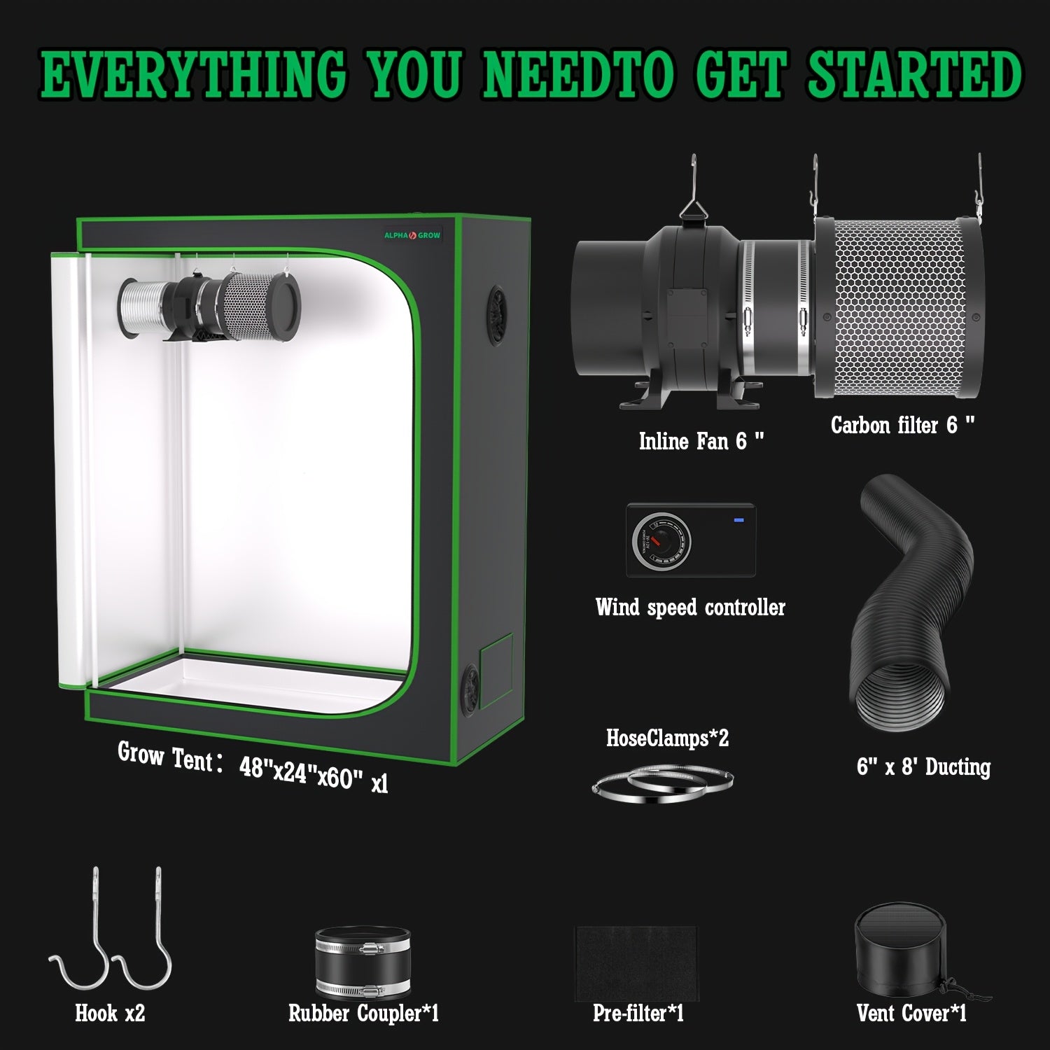 1800D Material 48x24x60 Inch (≈4x2 Ft) Hydroponic Grow Tent, Optional Accessory Kit: 100W Dimmable LED Light, 8ft Ducting, 4"/6" Vents, Optional Standard Independent Fan & Filter Combo or New Integrated Fan-Filter Unit