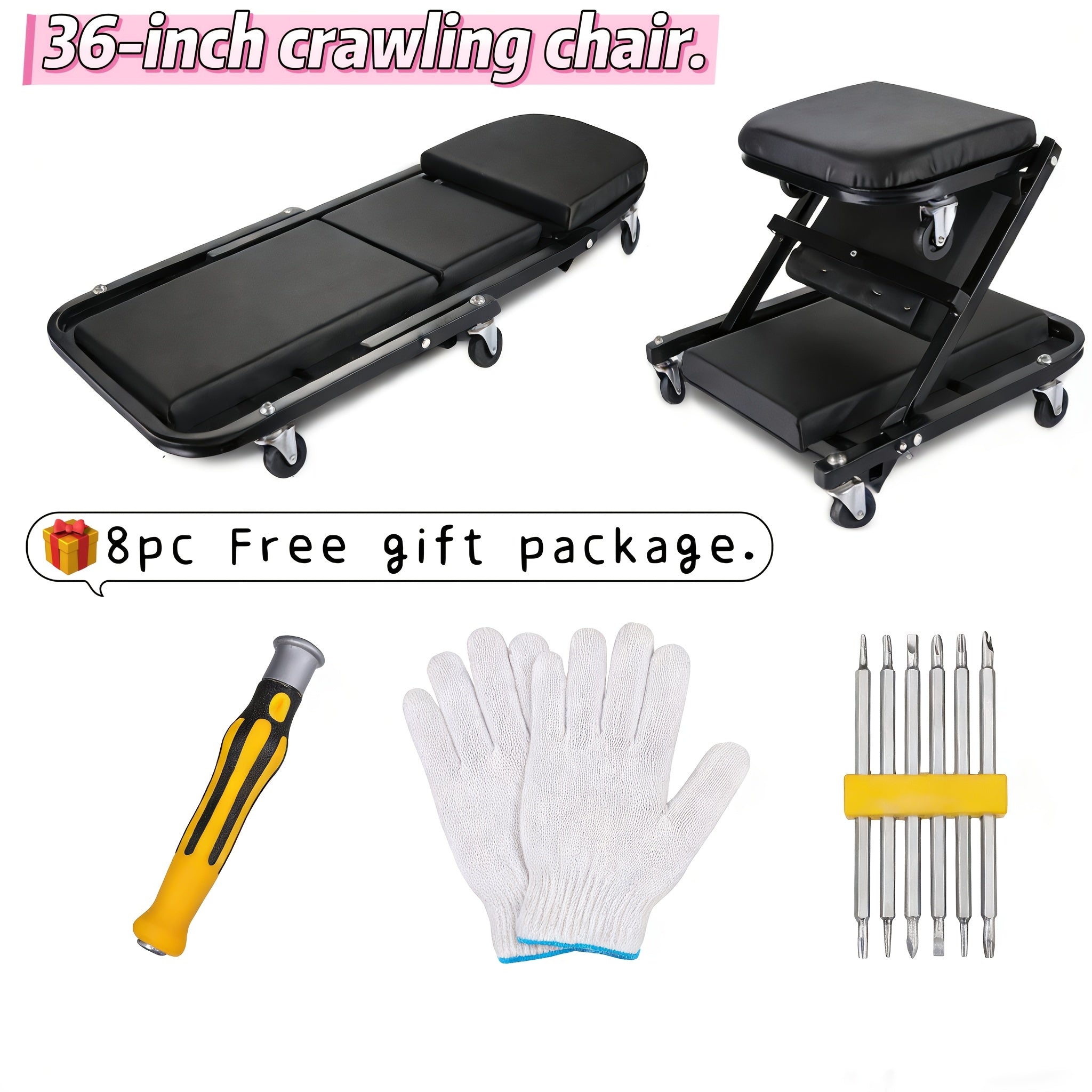 2-in-1 Creeper, 36 Inch; Z-Type Creeper Seat, Heavy-Duty Garage Chair Adjustable Rolling Folding Creeper; with Wheels. Father‘s Day Gift for Men