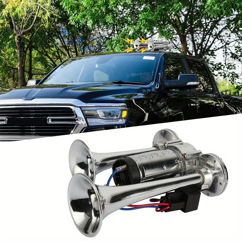 Large Truck Horn 12V High-Low Heavy Bass Super Loud Train Sound Boat Sound Air Horn Marine Dual Trumpet Horn with Built-in Air Compressor, Suitable for Ships, Cars, Trucks, Jeeps and Other 12V Vehicles