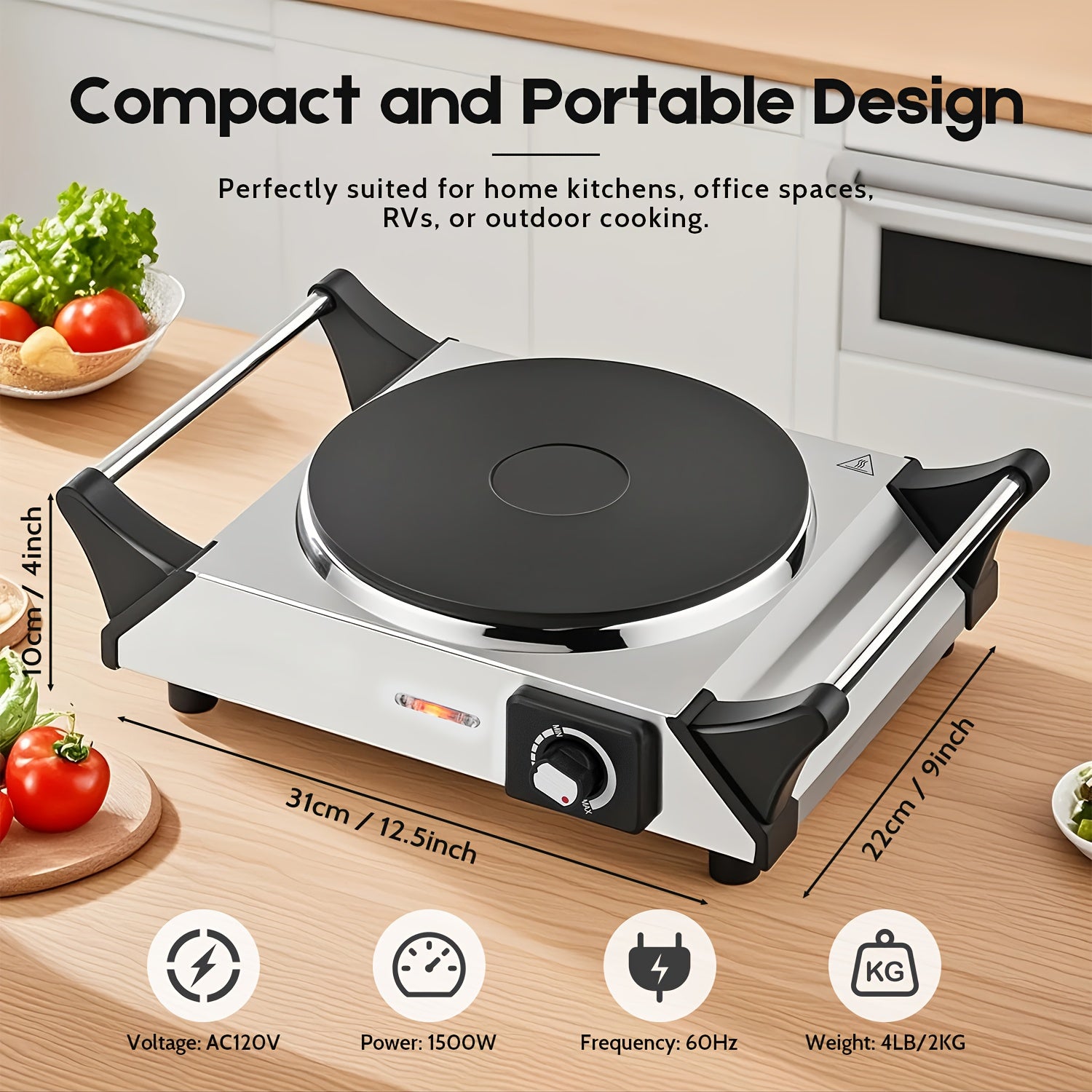 1500W Professional Infrared Heating Plate, 7.6-Inch Stainless Steel Burner with Adjustable Temperature Control, 35lb Weight Capacity, Ideal for Home, Office & Commercial Use.