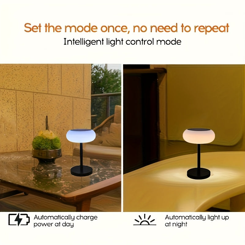 A rechargeable table lamp with smart remote control and dusk-to-dawn activation sensor. This wireless bedside lamp can be powered by solar energy and offers adjustable brightness, perfect for camping.