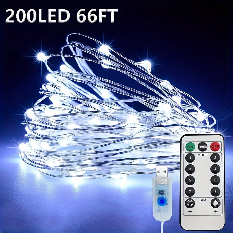 USB灯串 | 66FT 200LED, 33Ft 100 LED, 16.4FT 50LED 变色银丝灯，带8种照明模式遥控器，适用于工艺品卧室天花板圣诞装饰，彩色铜丝灯，USB供电，包含纽扣电池