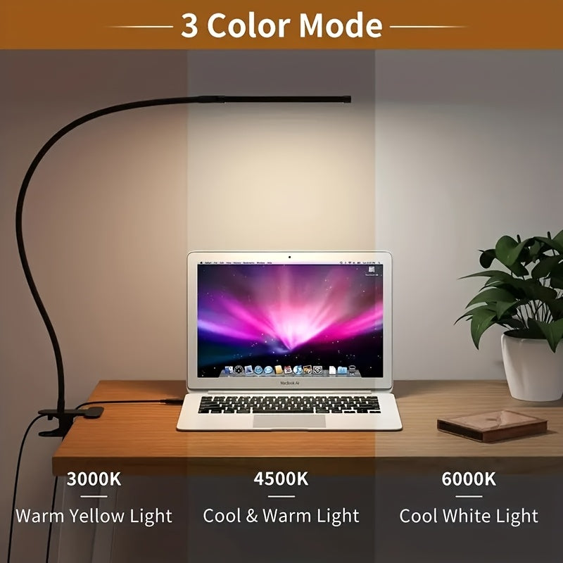 Clip-on desk lamp, soft gooseneck freely adjustable, adjustable brightness and dimmable, one-key switch: white light (efficient work), warm yellow (comfortable leisure), yellow light (romantic atmosphere), suitable for living rooms, studies