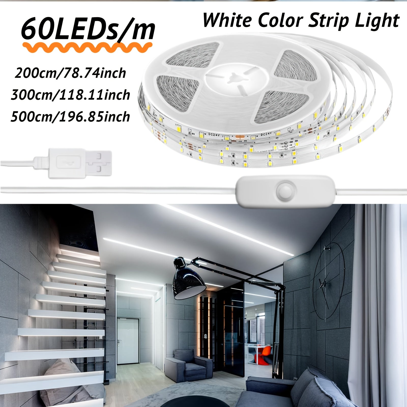 500厘米/196.85英寸USB LED灯带 白色，5V USB供电 300颗LED柔性SMD2835超亮不可调光LED灯带（1卷），适用于电视背光及橱柜灯，卧室、厨房、置物架照明，圣诞佳节理想礼物